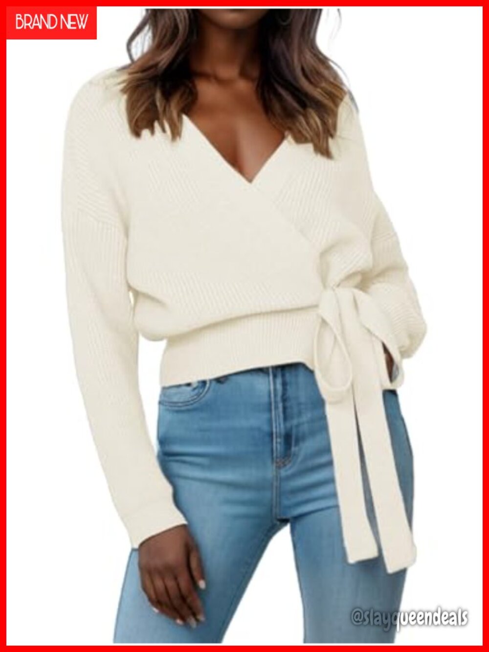 V Neck Wrap Sweater Pullover Chunky Knit Lace Up Batwing Sleeve